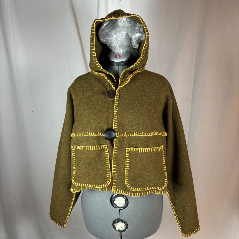 Handcrafted Olive Green Wool Hooded Cropped Bog Jacket with Yellow Stitching | L - Picture 4 of 16